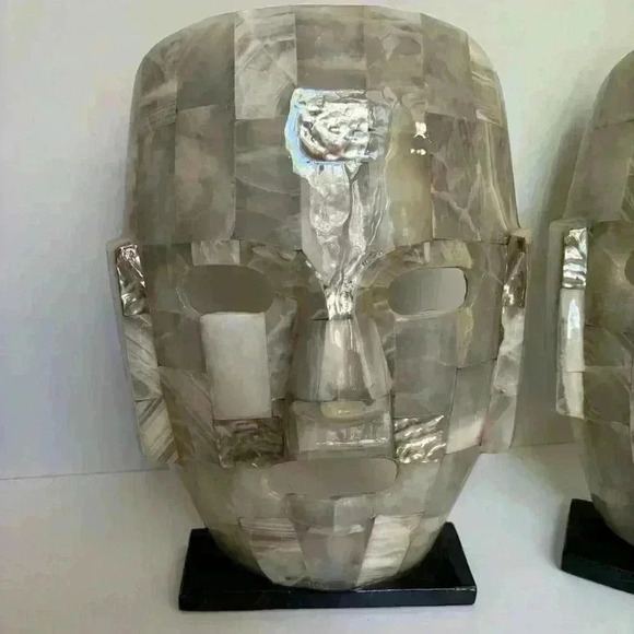 Set of two semiprecious stone souvenir Mayan Death  Masks on stands - Picture 2 of 8